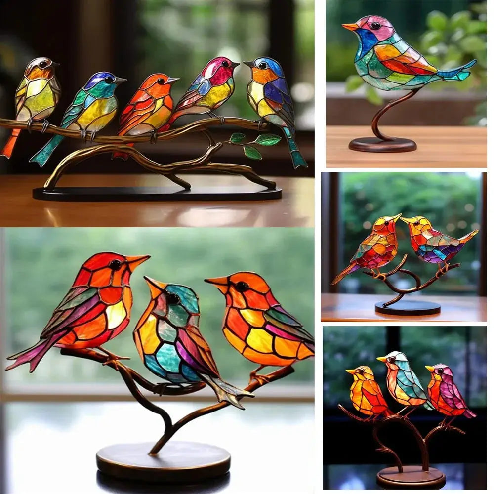 Vibrant stained glass bird figurines with multicolored panels on branching metal stands for home decor