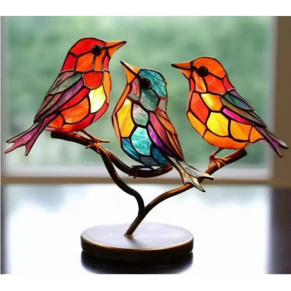 Vibrant stained glass birds on branch figurine with colorful amber and teal mosaic patterns for home decor