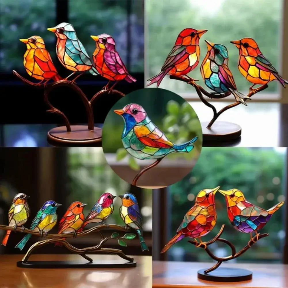 Vibrant stained glass bird lamps with colorful segmented designs and metallic branch bases for home decor