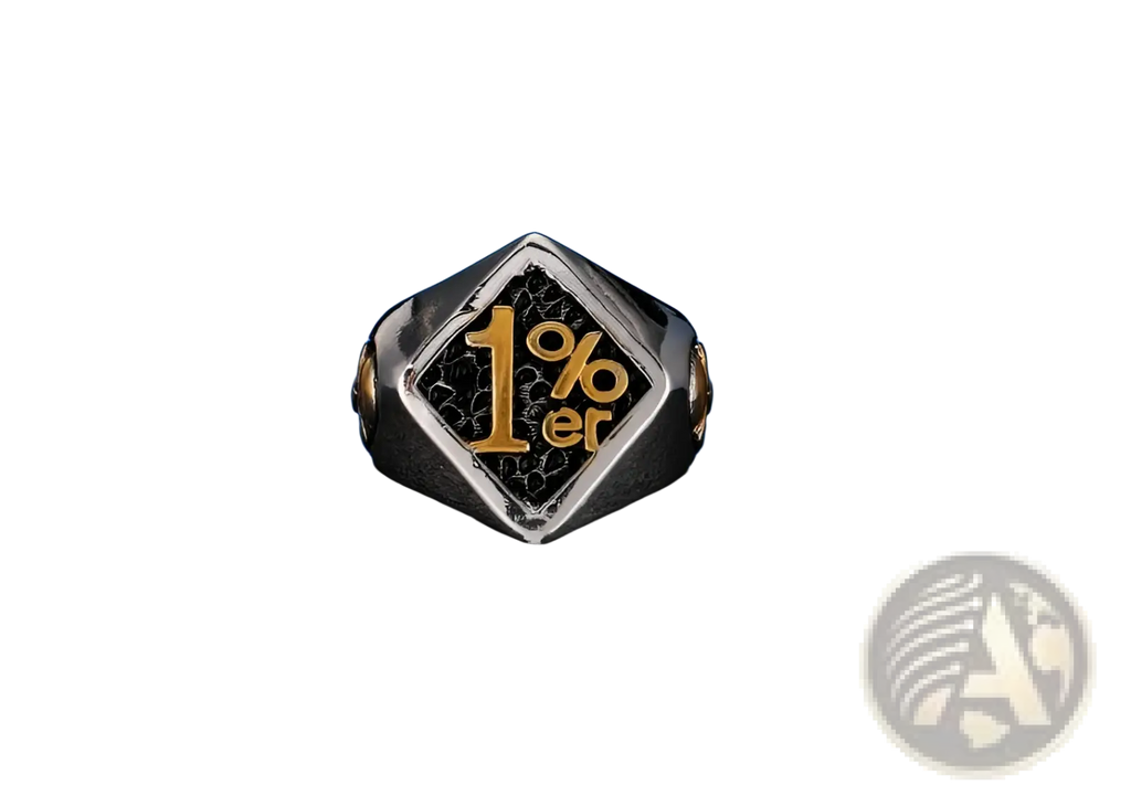 A sleek silver stainless steel 1 percenter signet ring with a hexagonal face and gold 1per lettering on black background