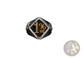 A sleek silver stainless steel 1 percenter signet ring with a hexagonal face and gold 1per lettering on black background