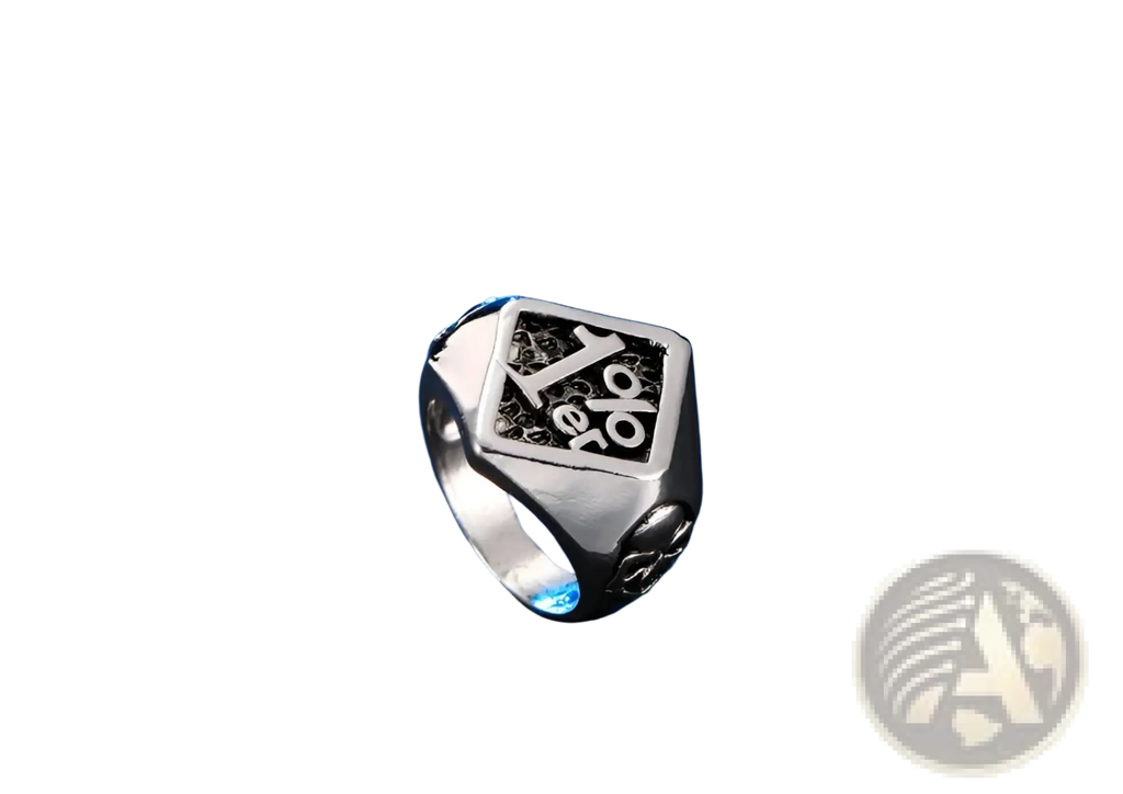 Silver-toned stainless steel signet ring engraved with 100% real and ornate side design from 1%er skull biker rings collection