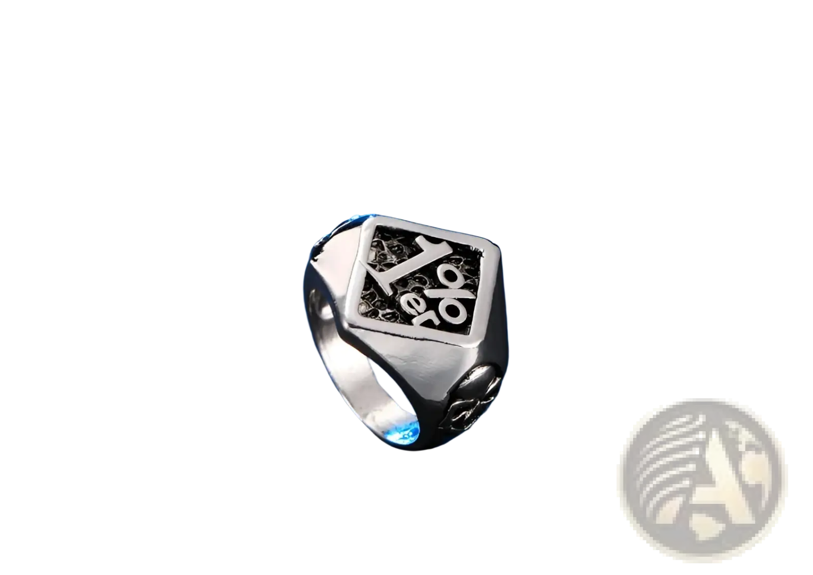 Silver-toned stainless steel signet ring engraved with 100% real and ornate side design from 1%er skull biker rings collection