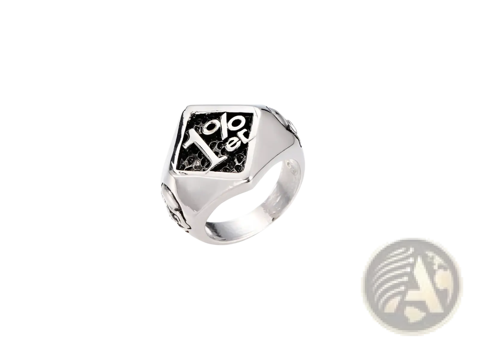 Silver-toned stainless steel signet biker ring with square face engraved 10 percent off on black inlay