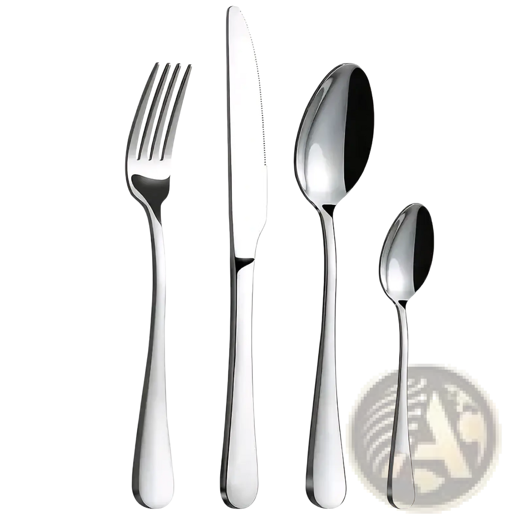 Shiny stainless steel 16-piece cutlery set with fork knife and two spoons featuring sleek modern handles