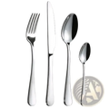 Shiny stainless steel 16-piece cutlery set with fork knife and two spoons featuring sleek modern handles
