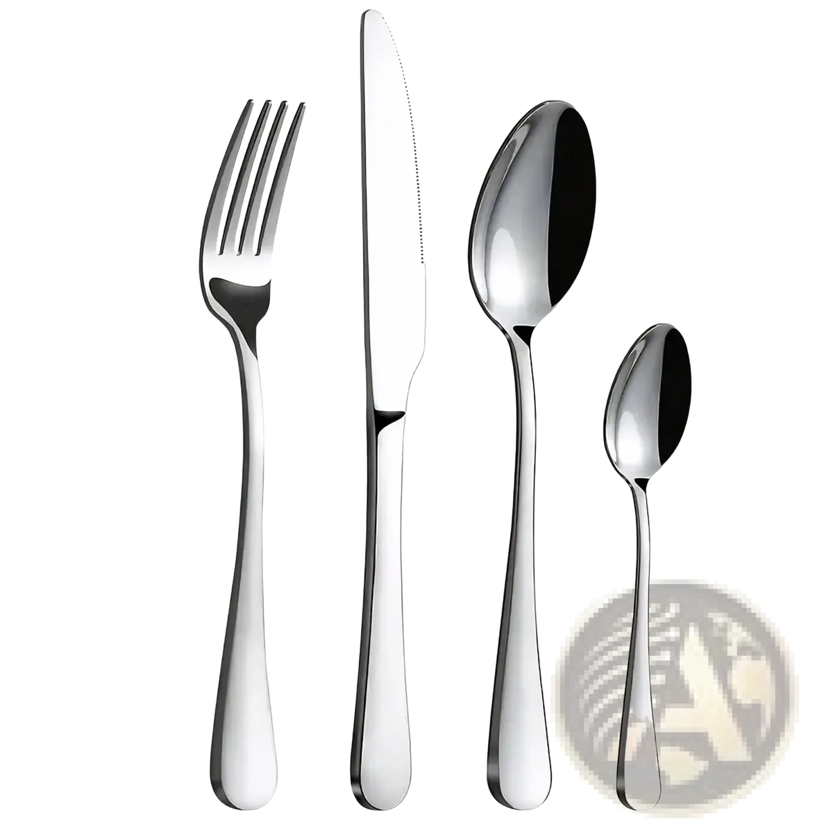 Stainless steel 16-piece cutlery set with shiny fork knife and two spoons featuring sleek modern handles