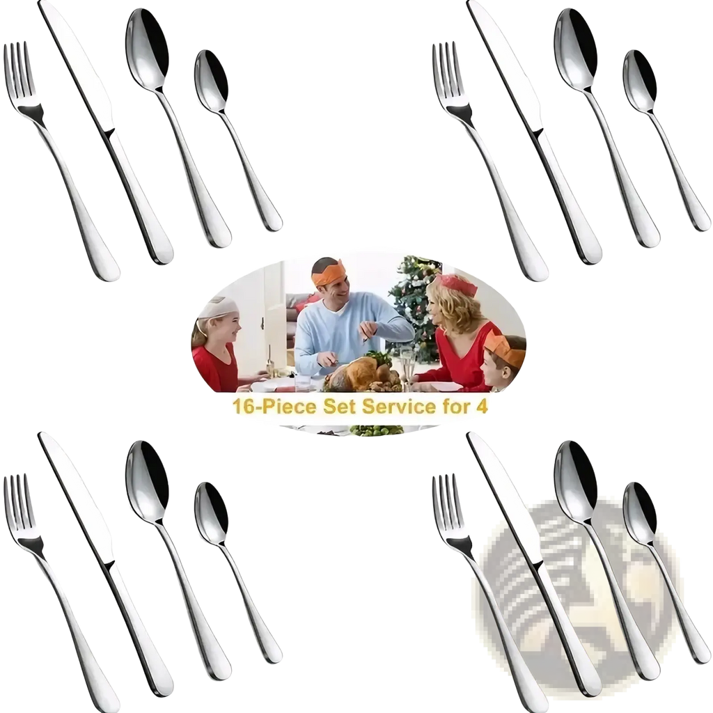 Shiny stainless steel 16-piece cutlery set with matching forks knives and spoons arranged for four people