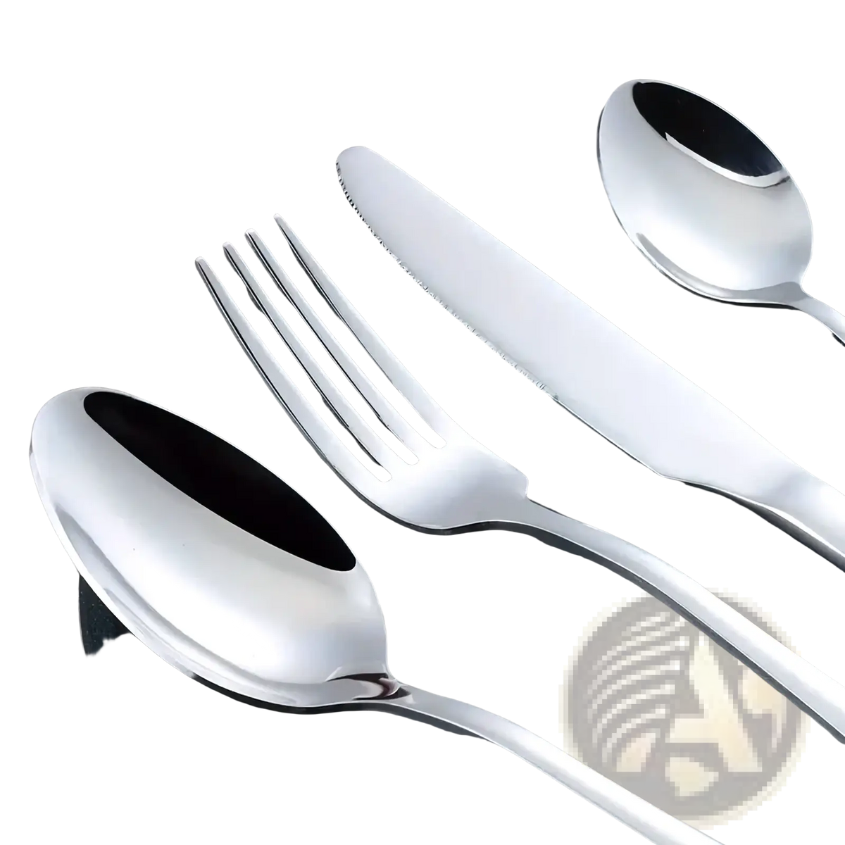 Shiny stainless steel 16-piece cutlery set featuring fork knife and two spoons with sleek modern design