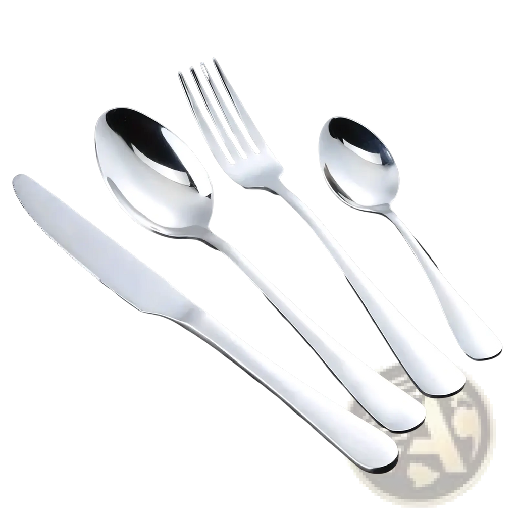 Shiny stainless steel 16-piece cutlery set featuring a knife fork and two spoons with sleek modern handles