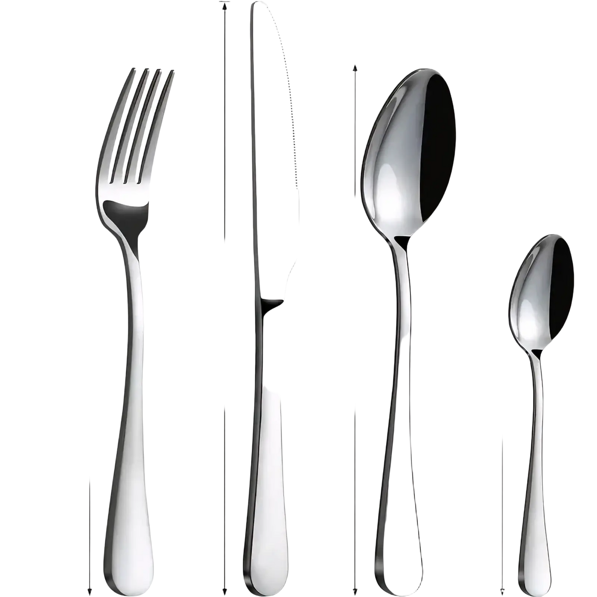 Stainless steel 16-piece cutlery set with shiny fork knife and two spoons featuring sleek modern designs