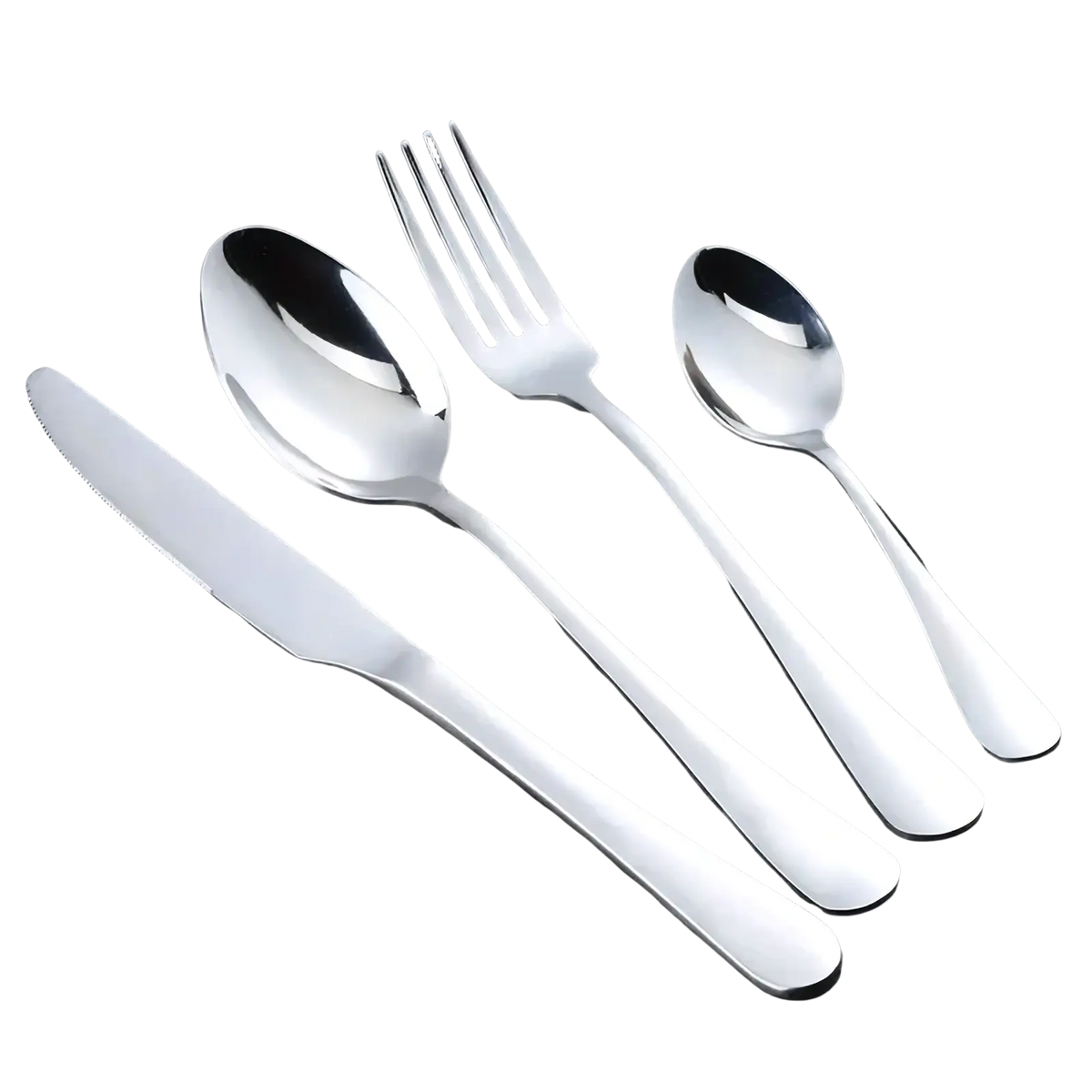 Shiny stainless steel 16-piece cutlery set featuring a knife fork and two spoons with sleek modern handles