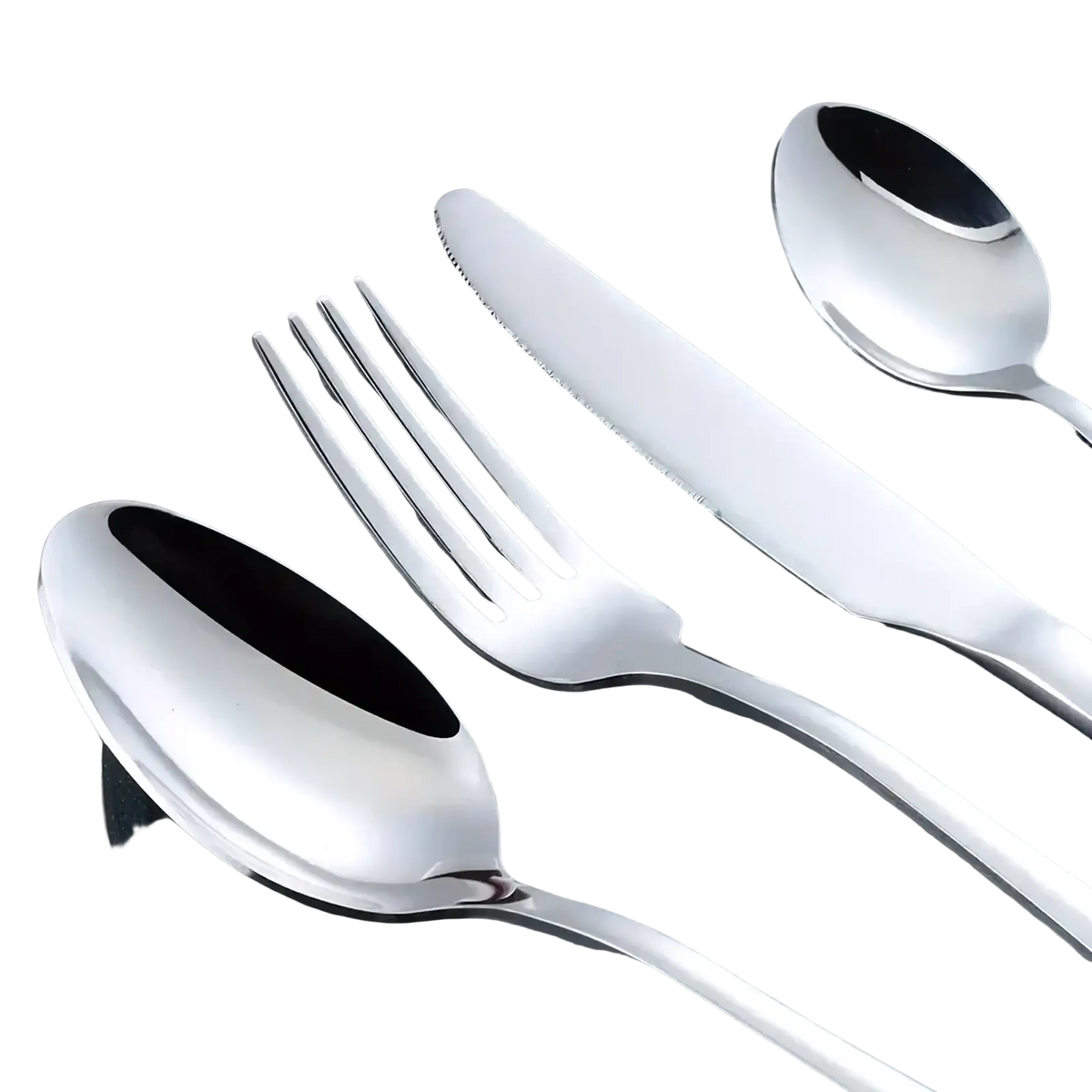 Shiny stainless steel 16-piece cutlery set featuring fork knife and two spoons with sleek modern design