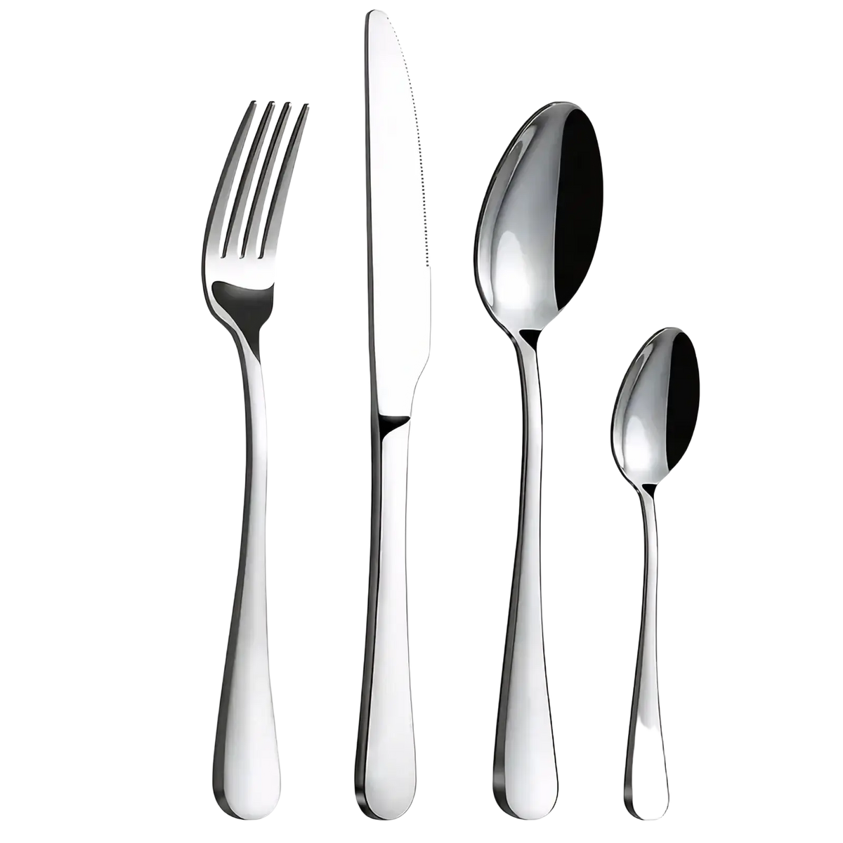 Stainless steel 16-piece cutlery set with shiny fork knife and two spoons featuring sleek modern handles