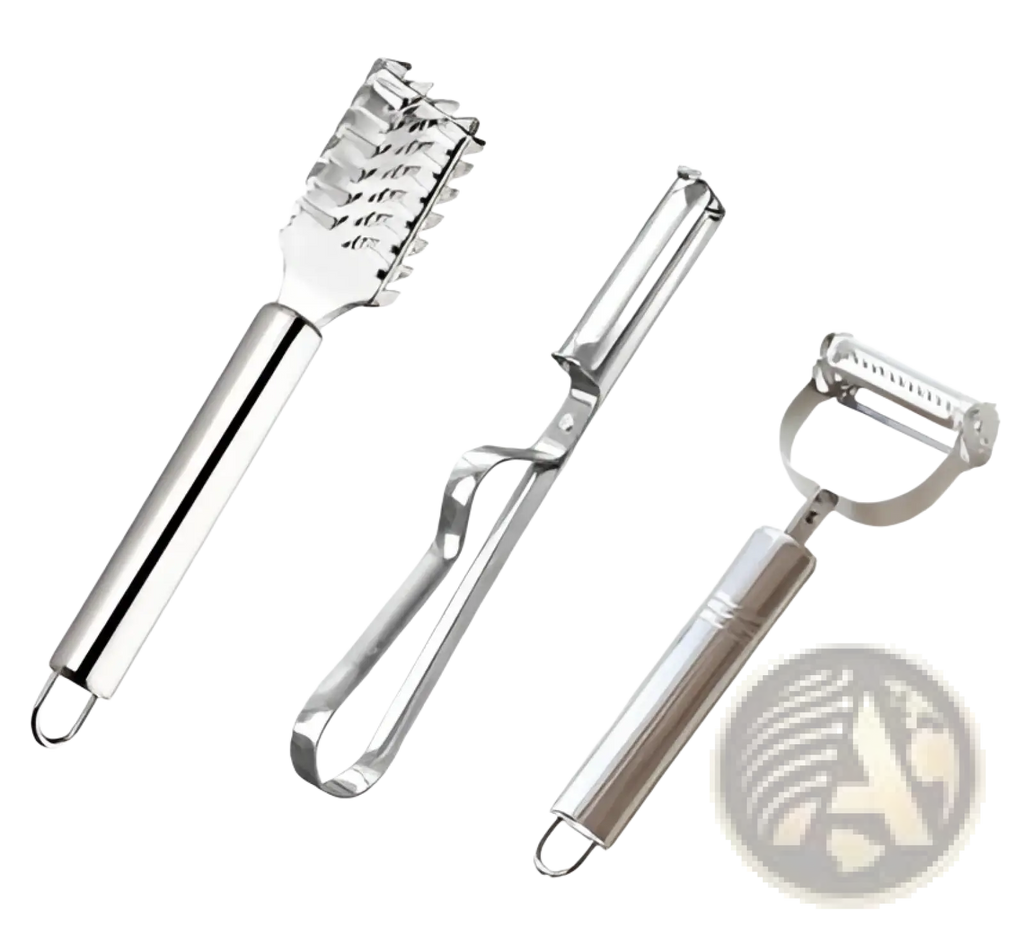 Set of three stainless steel 2 in 1 vegetable peelers with different blades for peeling and julienne grating