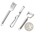 Set of three stainless steel 2 in 1 vegetable peelers with different blades for peeling and julienne grating