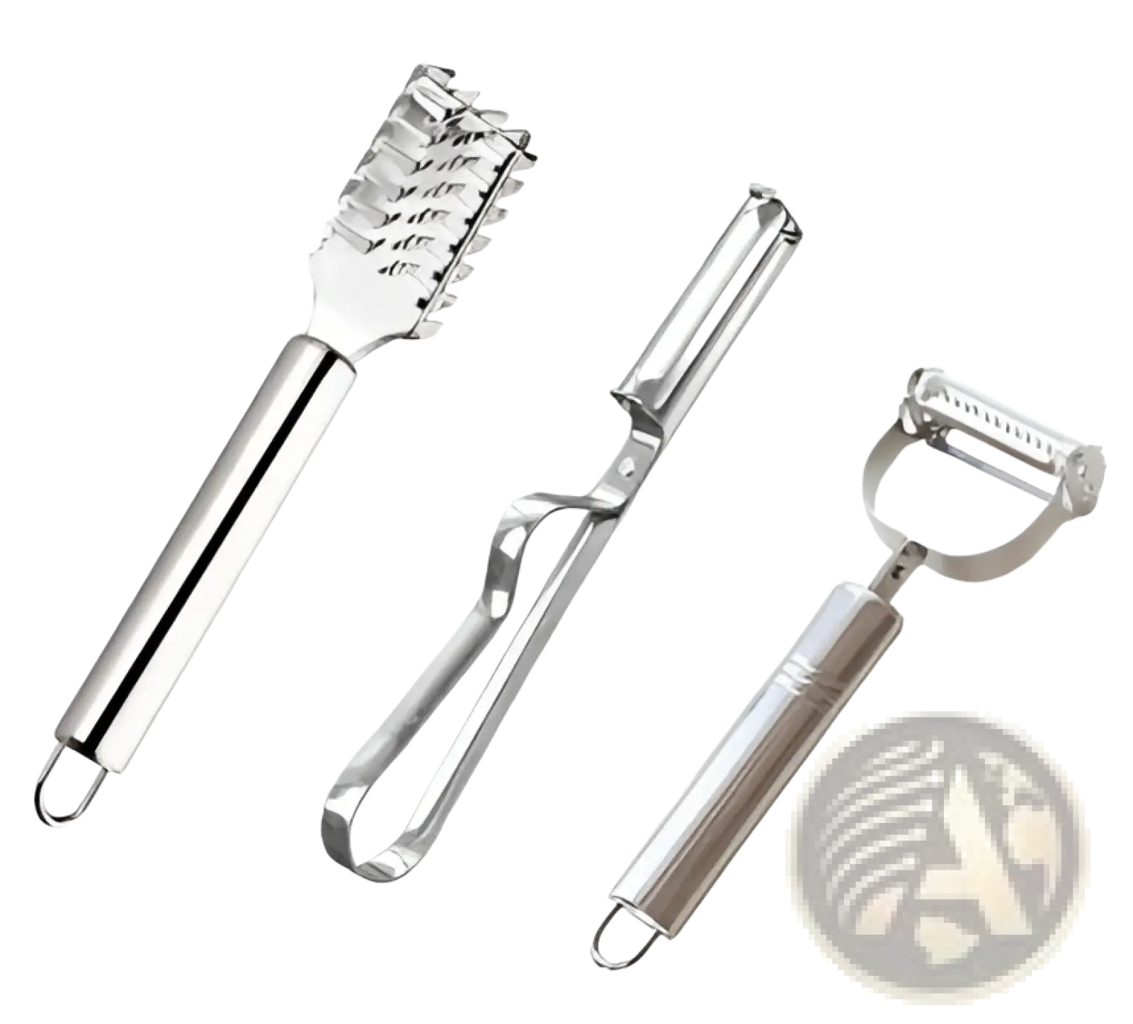Set of three stainless steel 2 in 1 vegetable peelers with different blades for peeling and julienne grating