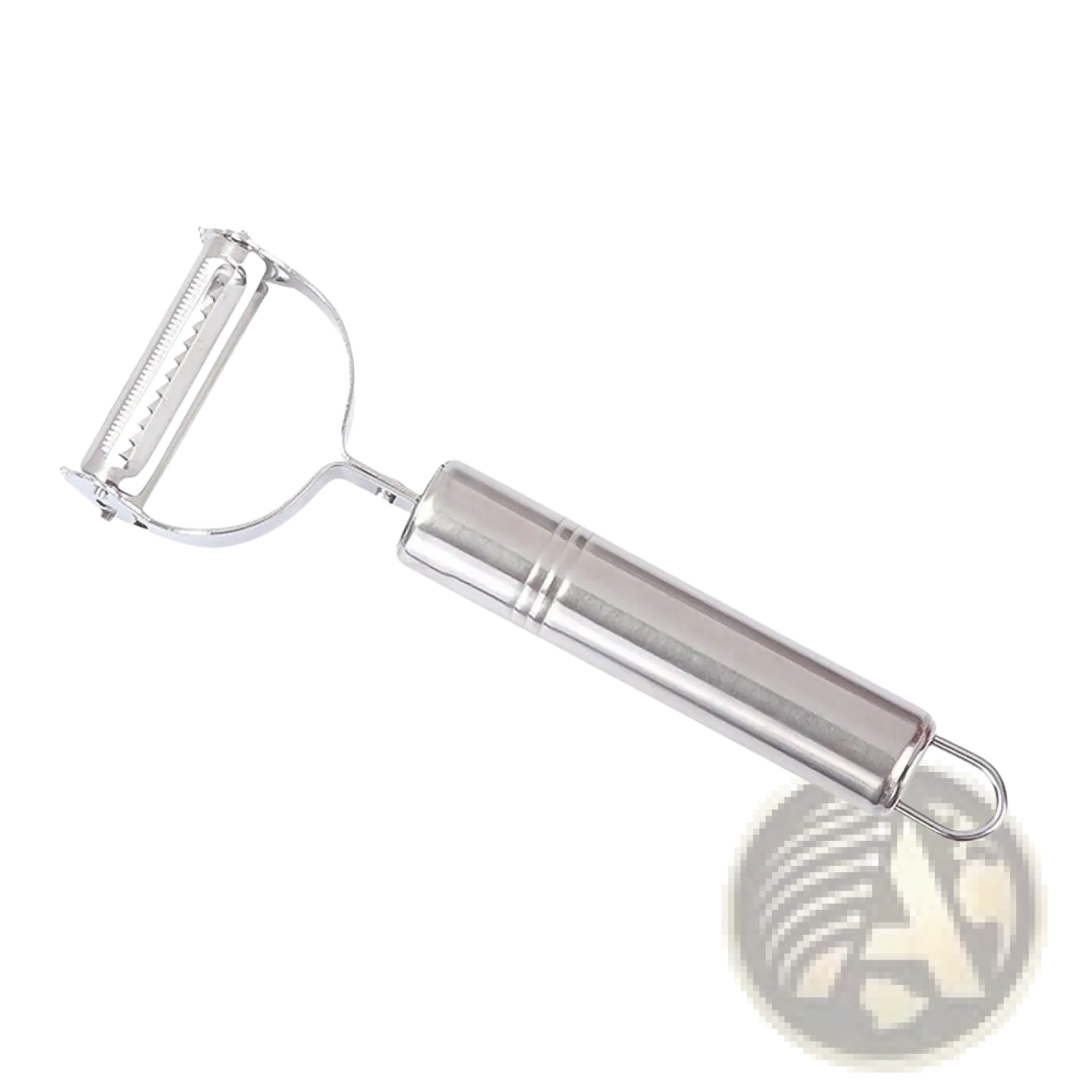 Shiny stainless steel 2 in 1 potato peeler and julienne grater with sleek cylindrical handle and curved blade mechanism