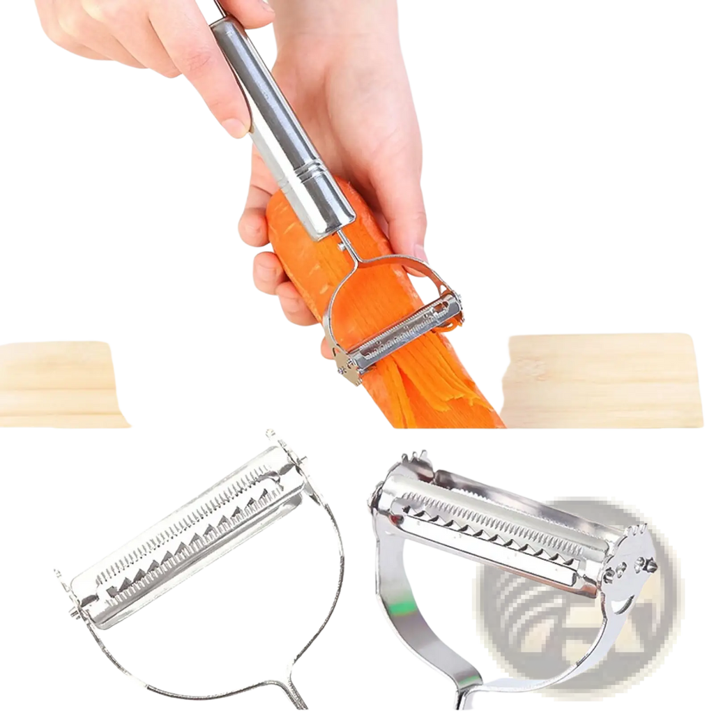 Shiny stainless steel 2 in 1 potato peeler and julienne grater with curved handle and multiple blade settings