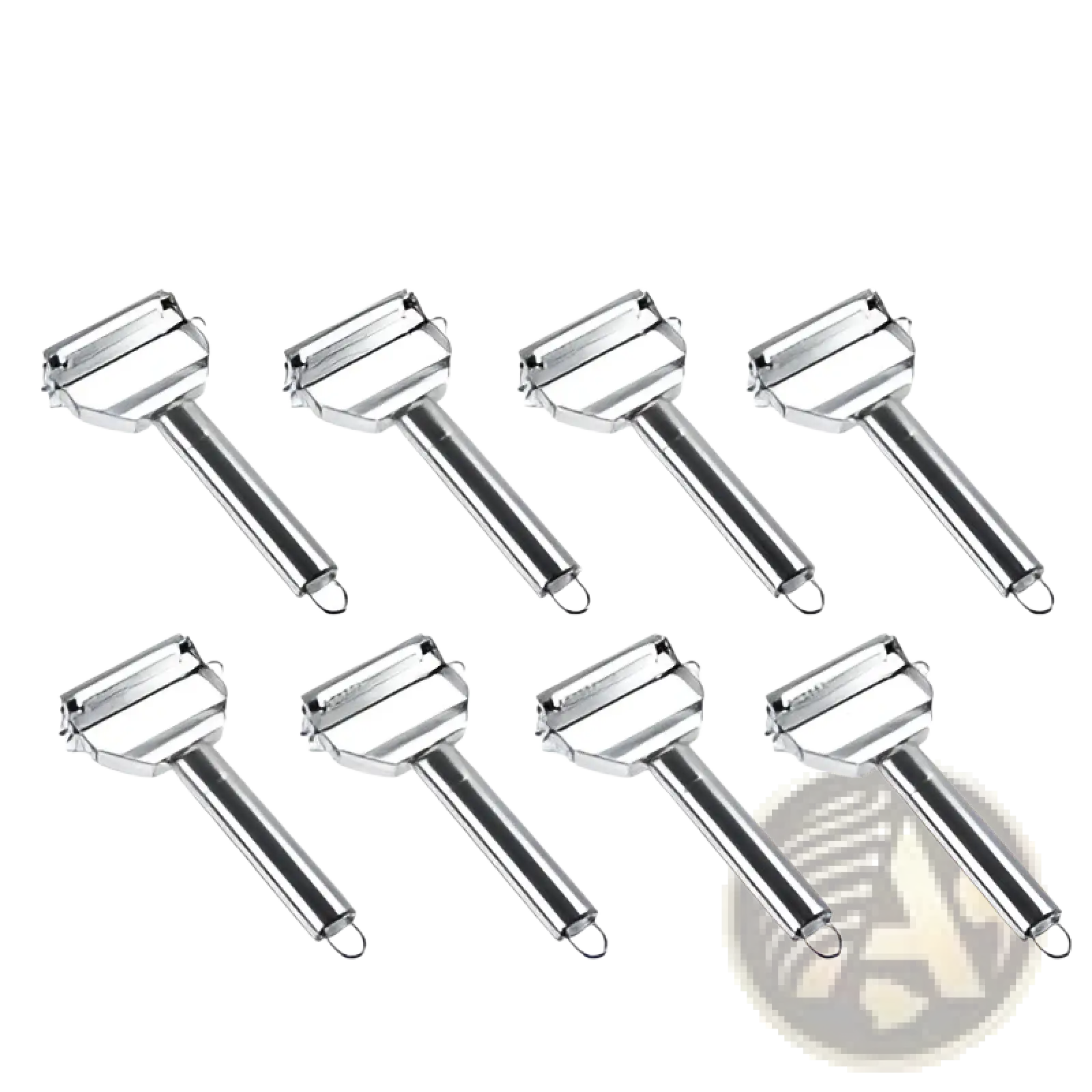 Set of eight stainless steel 4-in-1 vegetable peelers with ergonomic handles and replaceable blades for versatile peeling