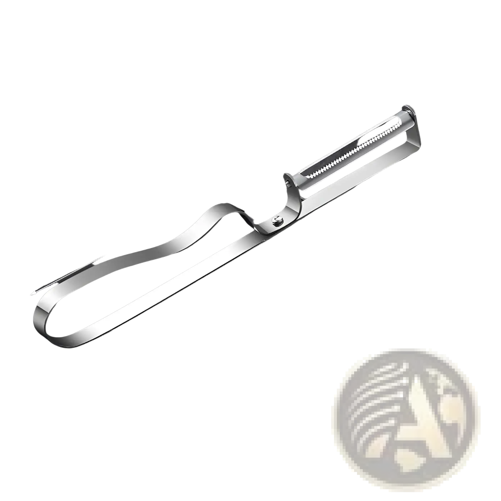 A sleek stainless steel 2 in 1 potato peeler and julienne grater with a curved handle and serrated blade
