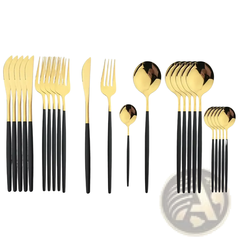 Stainless steel 24 piece flatware set featuring gold and black modern cutlery with a sleek minimalist design