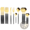 Stainless steel 24 piece flatware set featuring gold and black modern cutlery with a sleek minimalist design