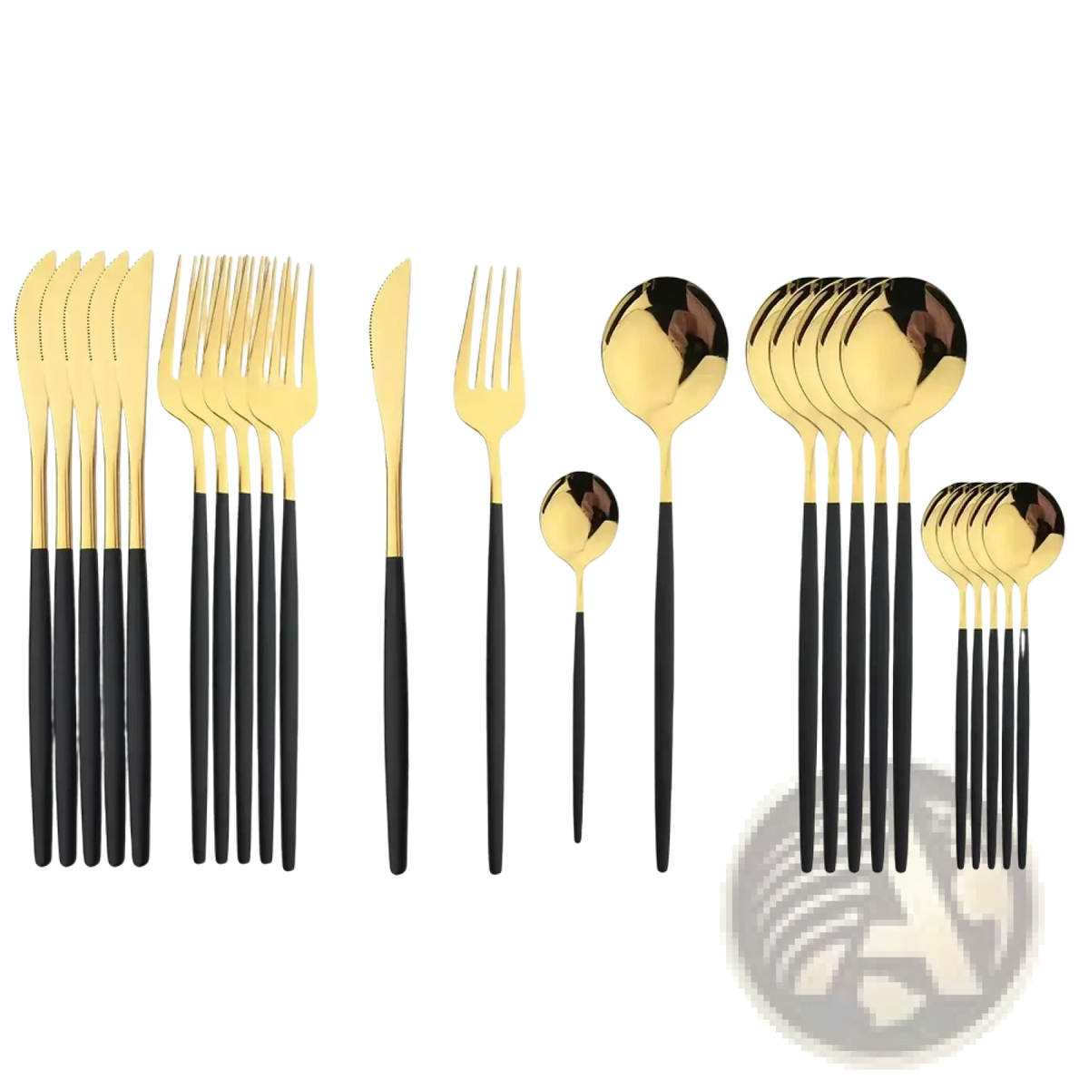 Stainless steel 24 piece flatware set featuring gold and black modern cutlery with a sleek minimalist design