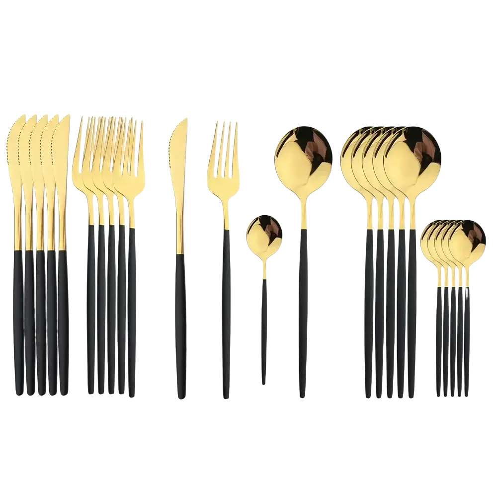 Stainless steel 24 piece flatware set featuring gold and black modern cutlery with a sleek minimalist design