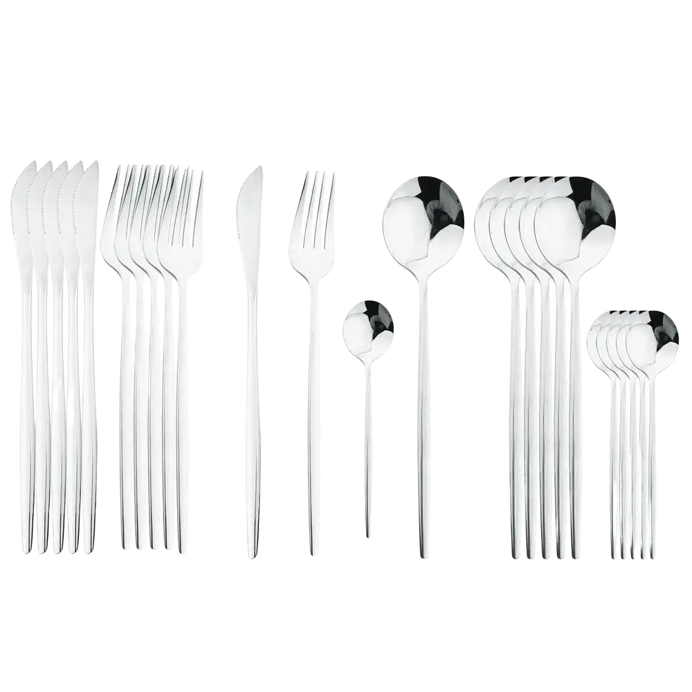 Stainless steel 24 piece flatware set with shiny stainless steel cutlery featuring sleek modern design and polished finish