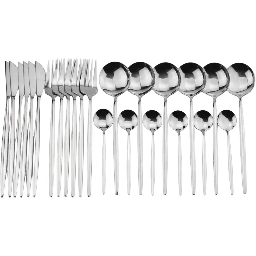 Shiny stainless steel 24 piece flatware set with sleek modern design featuring knives forks and spoons