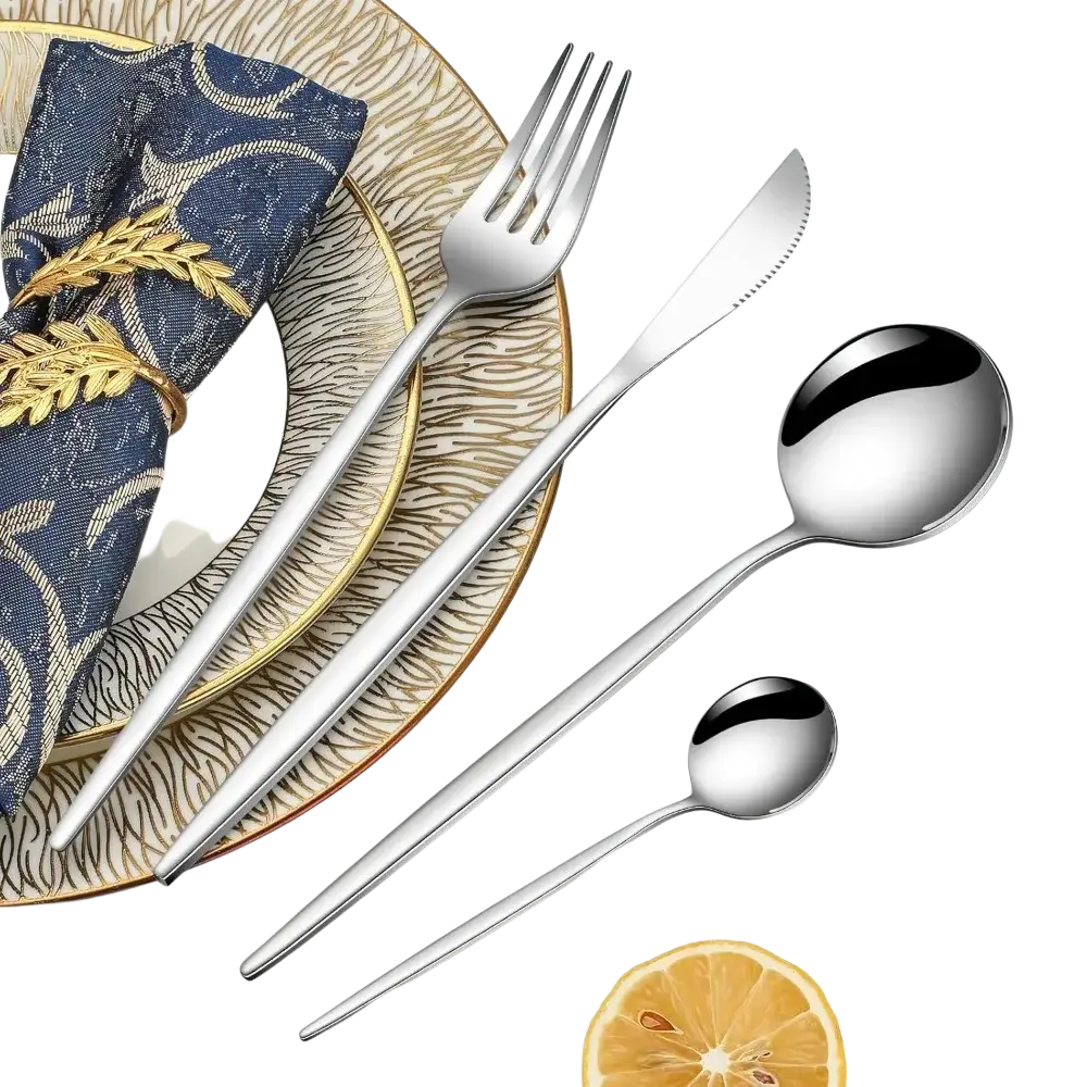 Shiny stainless steel 24 piece flatware set featuring fork knife with serrated edge and two spoons of varying sizes