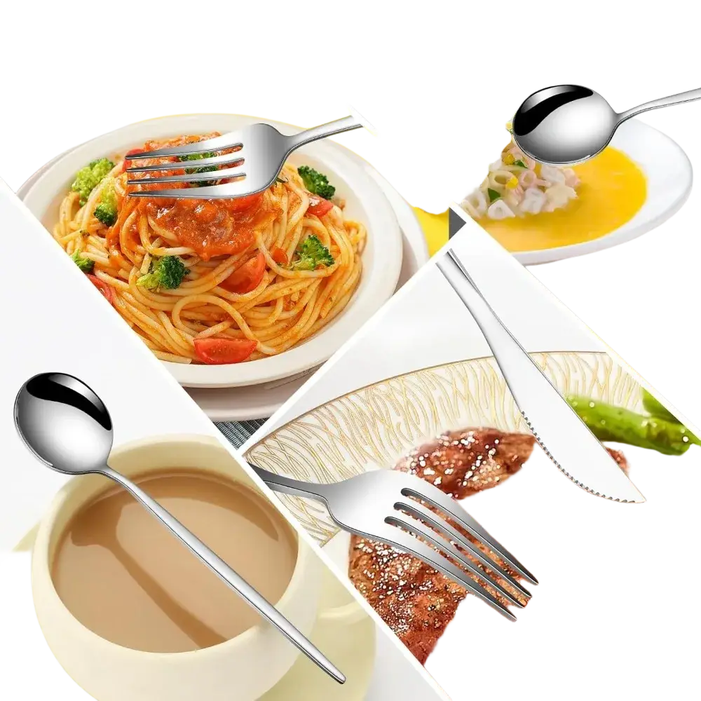 Stainless steel 24 piece flatware set with shiny spoons forks and knives featuring sleek modern designs