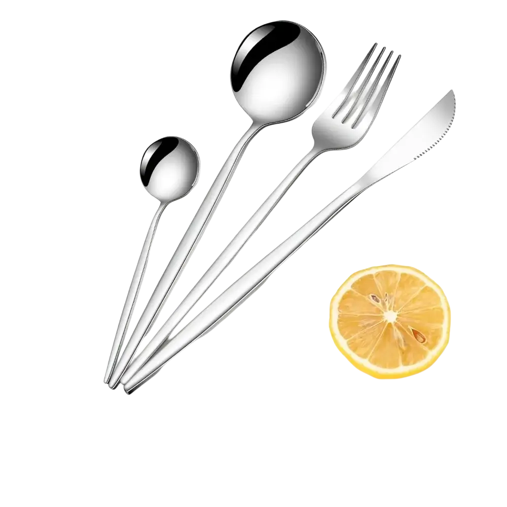 Stainless steel 24 piece flatware set with shiny modern spoon fork and knife in sleek stainless steel design