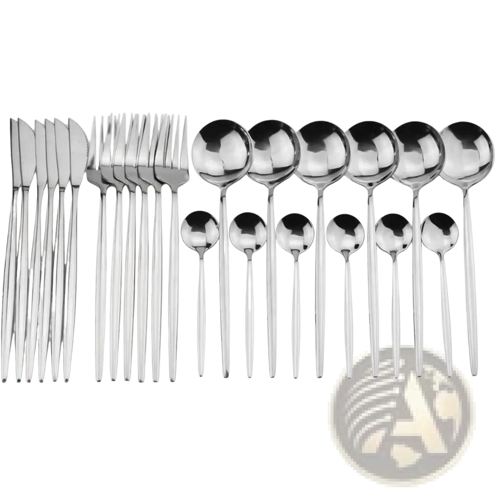 Shiny stainless steel 24 piece flatware set with sleek modern design featuring knives forks and spoons