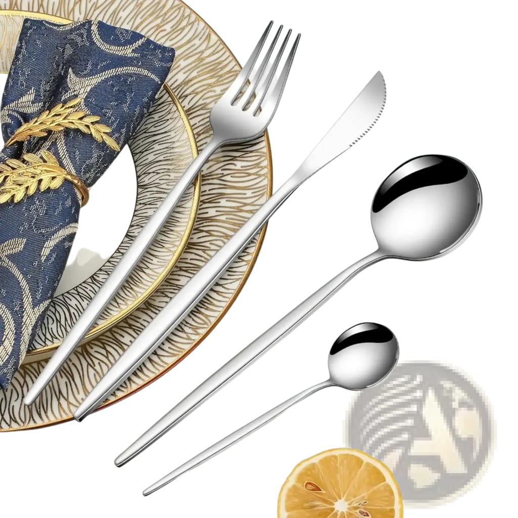Shiny stainless steel 24 piece flatware set featuring fork knife with serrated edge and two spoons of varying sizes