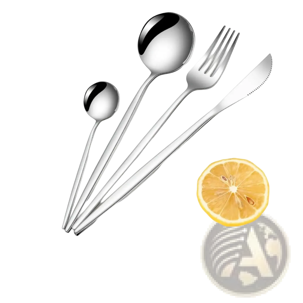 Stainless steel 24 piece flatware set with shiny modern spoon fork and knife in sleek stainless steel design