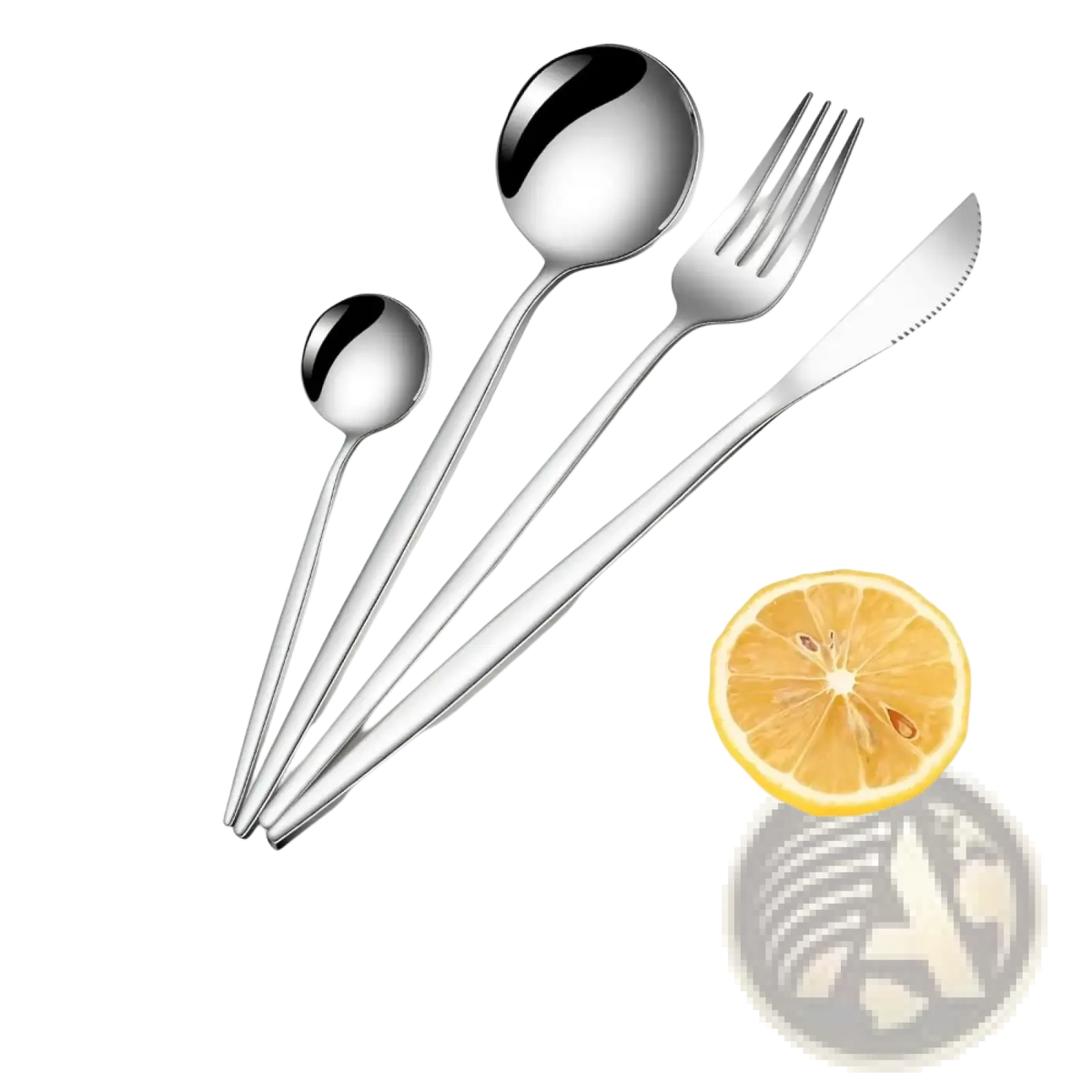 Stainless steel 24 piece flatware set with shiny modern spoon fork and knife in sleek stainless steel design