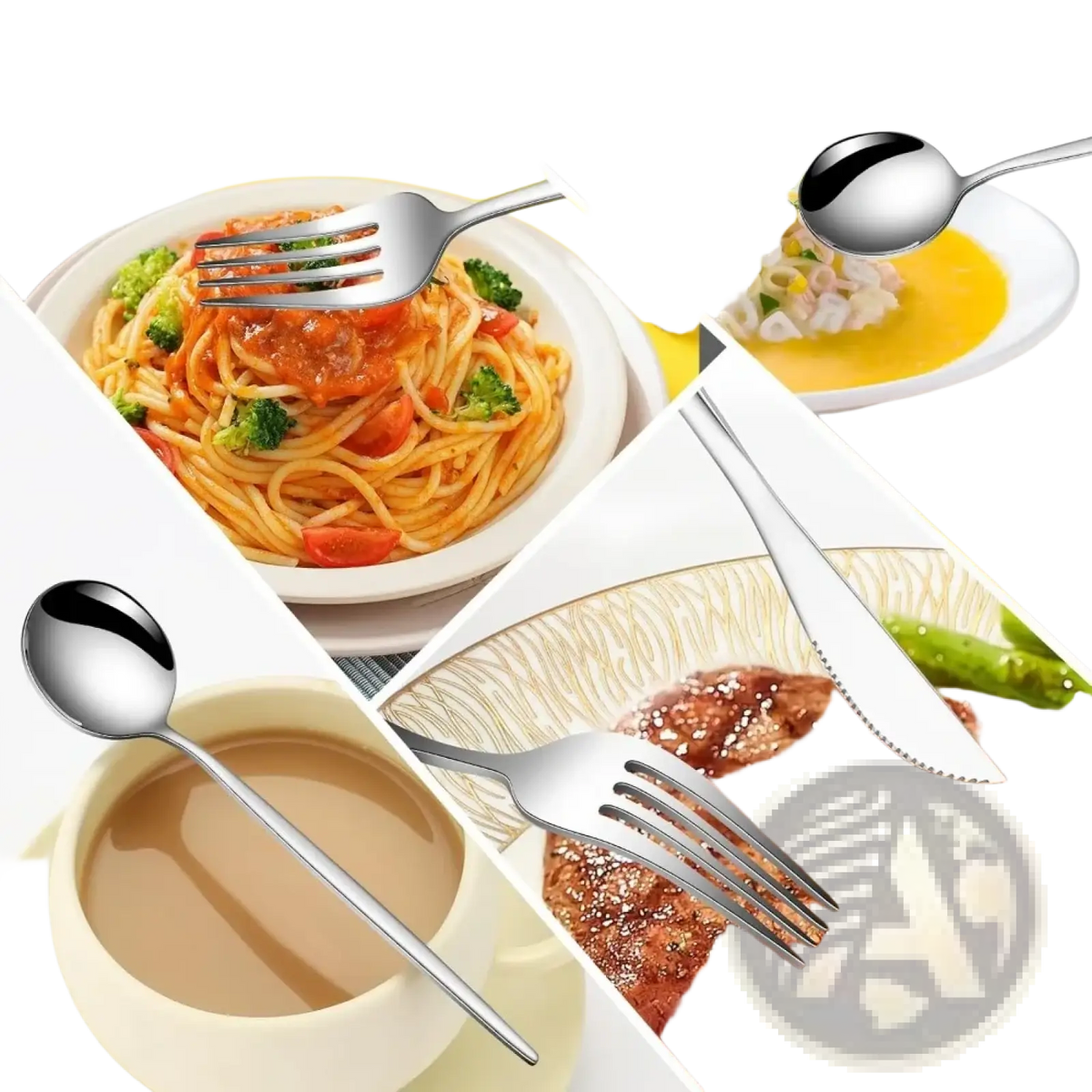 Stainless steel 24 piece flatware set with shiny spoons forks and knives featuring sleek modern designs