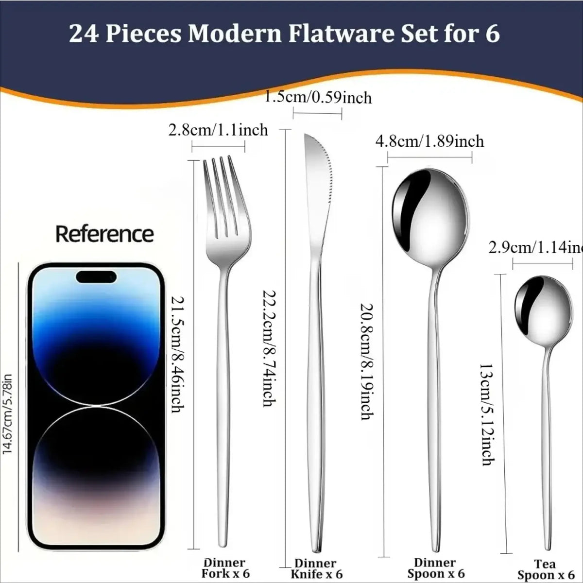 Shiny stainless steel modern flatware set with dinner fork knife spoon and teaspoon featuring sleek minimalist design