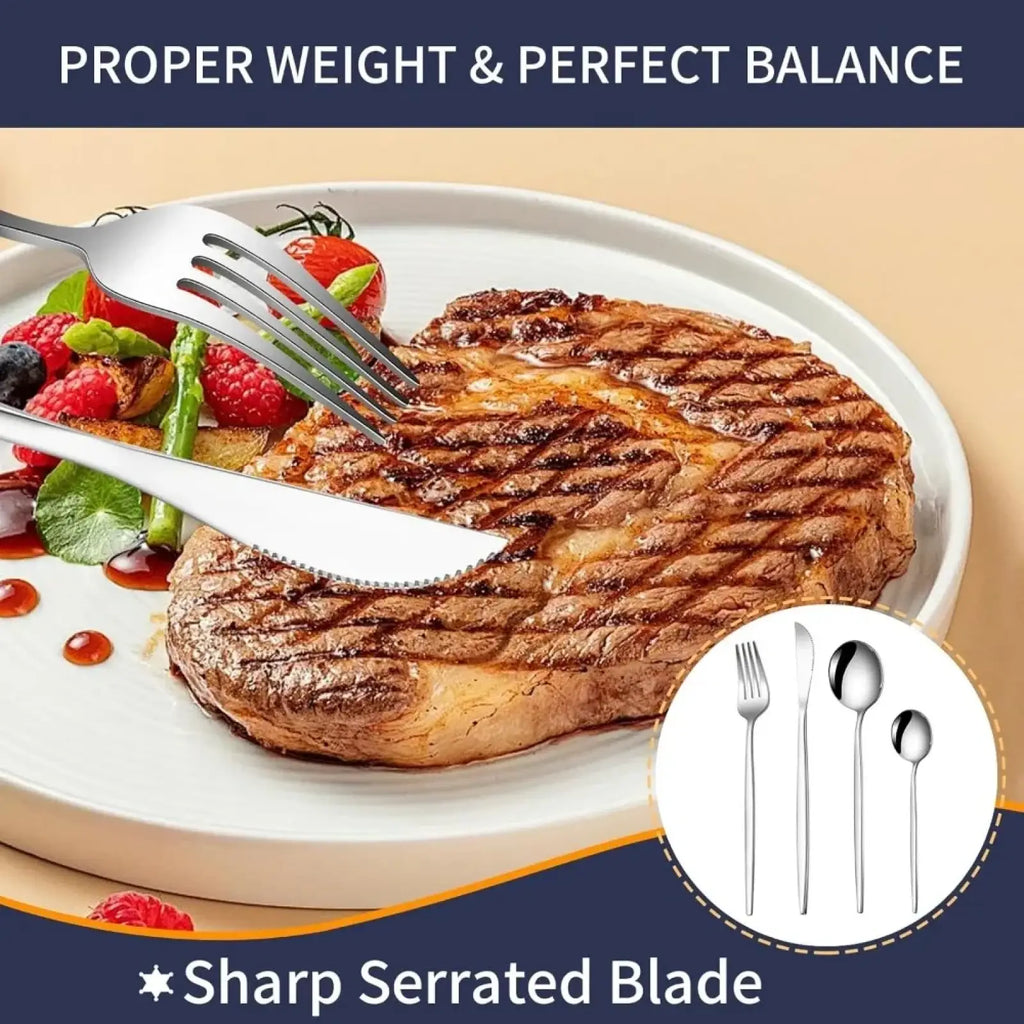Shiny stainless steel serrated steak knife from stainless steel 24 piece flatware set with sleek modern design