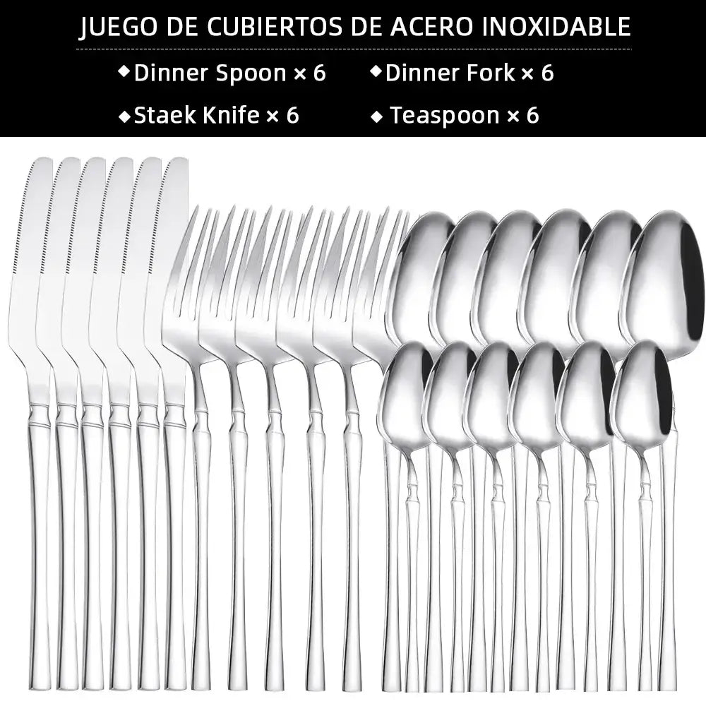 Stainless steel 24piece cutlery set with six dinner spoons forks steak knives and teaspoons featuring sleek modern handles