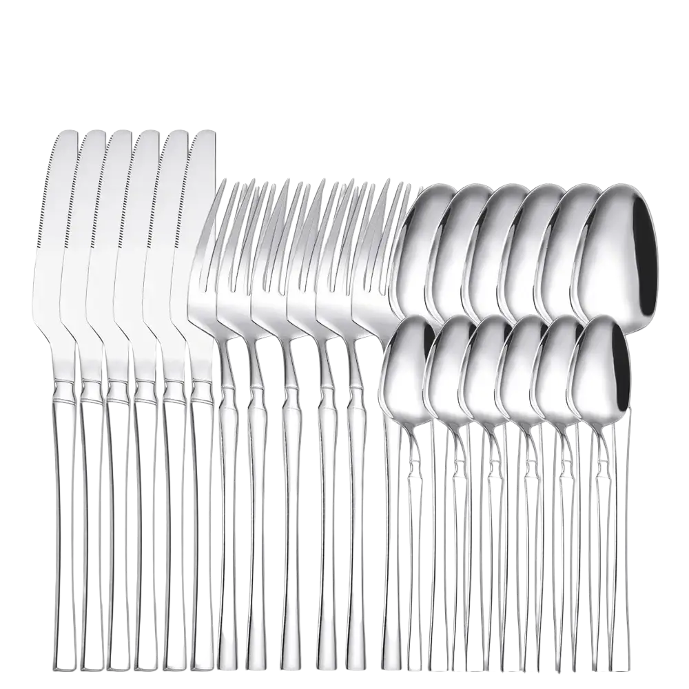 Stainless steel 24-piece cutlery set with shiny polished blades and sleek modern handles in silver finish