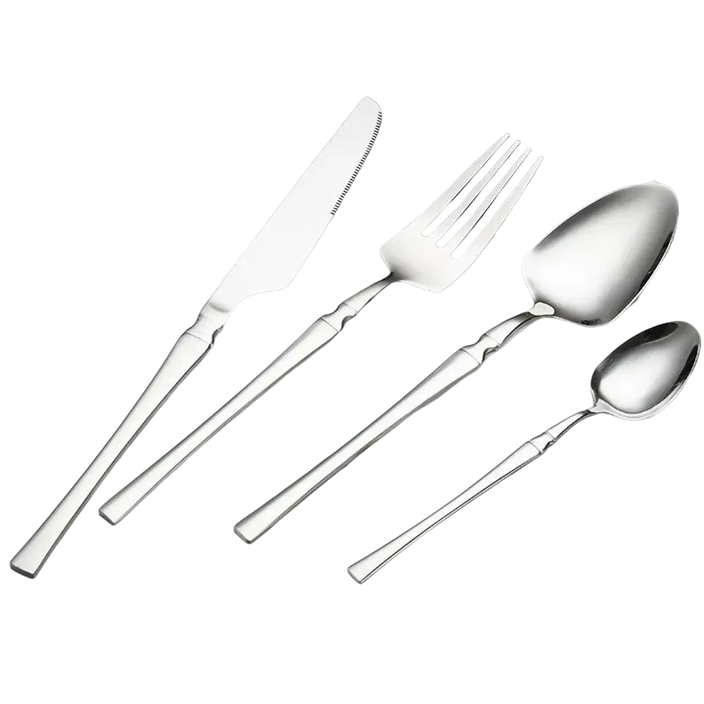 Stainless steel 24 piece cutlery set with shiny stainless steel and elegant slightly curved handles in modern design