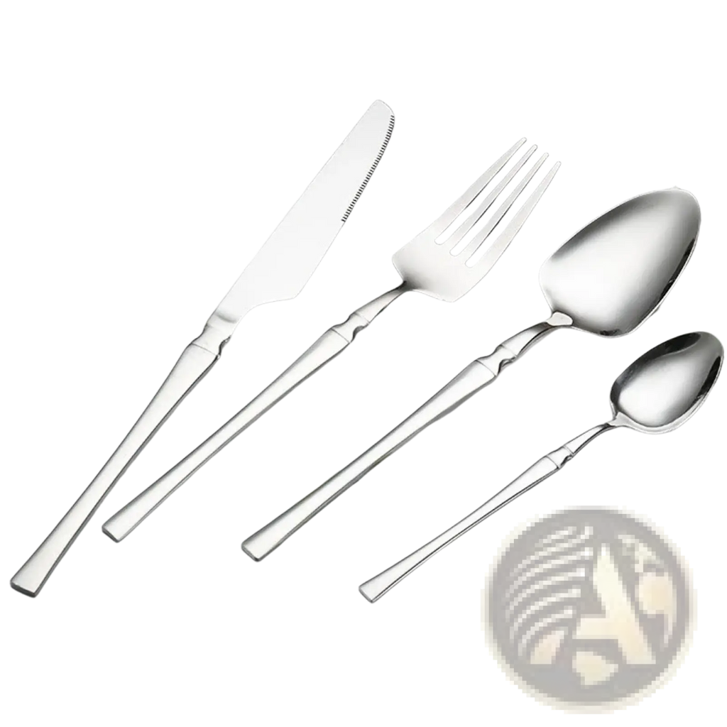 Stainless steel 24 piece cutlery set with shiny stainless steel and elegant slightly curved handles in modern design