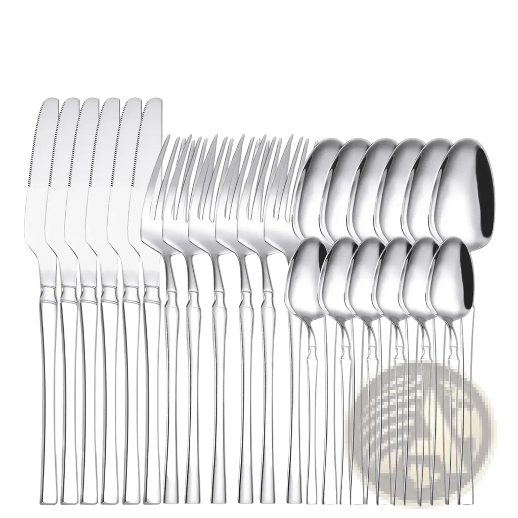 Stainless steel 24-piece cutlery set with shiny polished blades and sleek modern handles in silver finish
