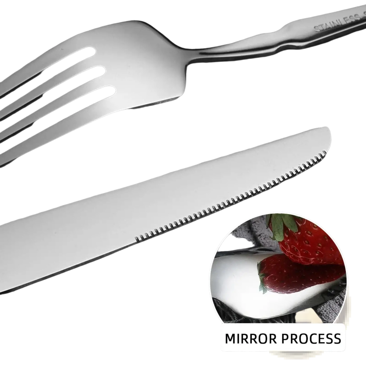 Shiny stainless steel fork with polished mirror finish and modern design from stainless steel 24piece cutlery set