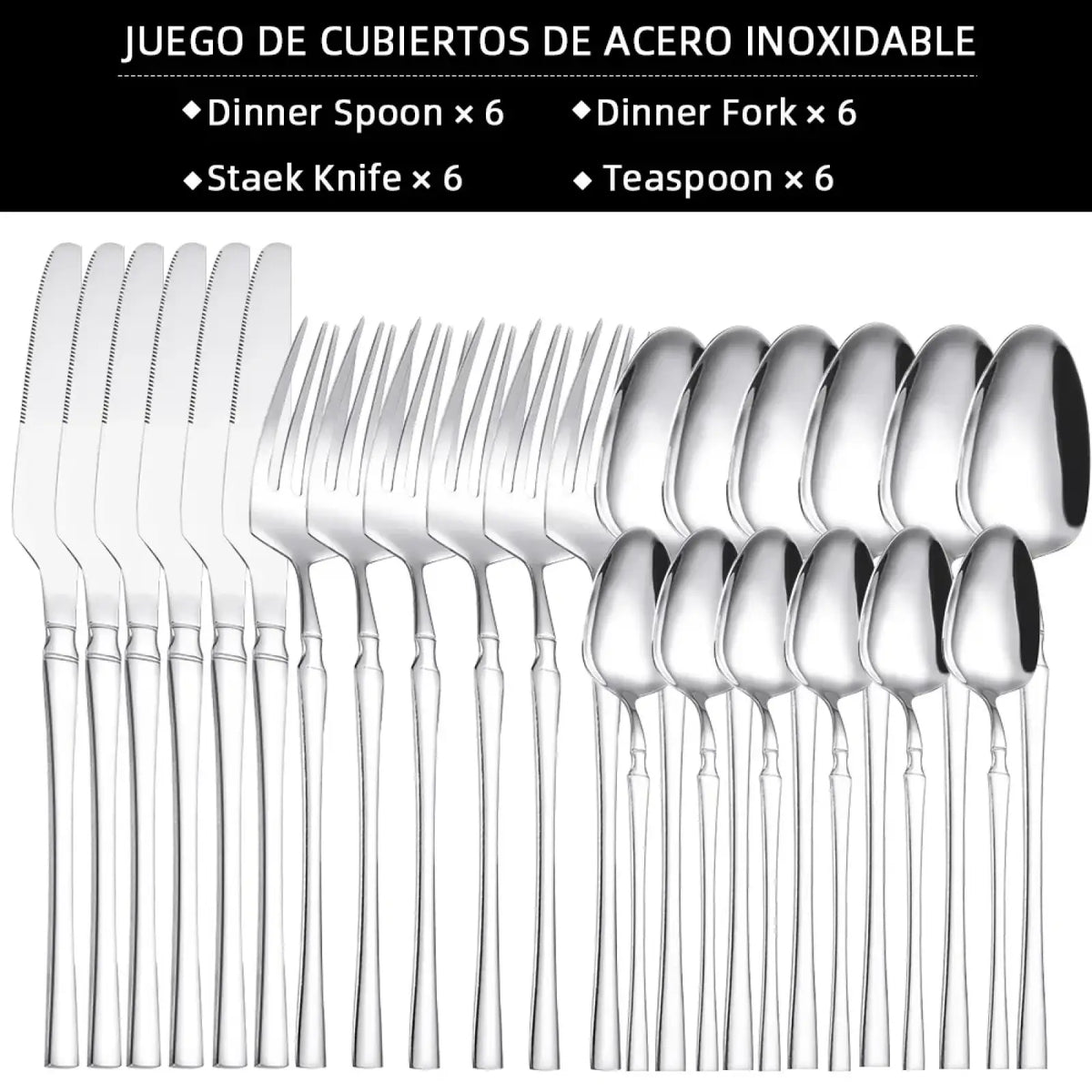 Stainless steel 24piece cutlery set with six dinner spoons forks steak knives and teaspoons featuring sleek modern handles