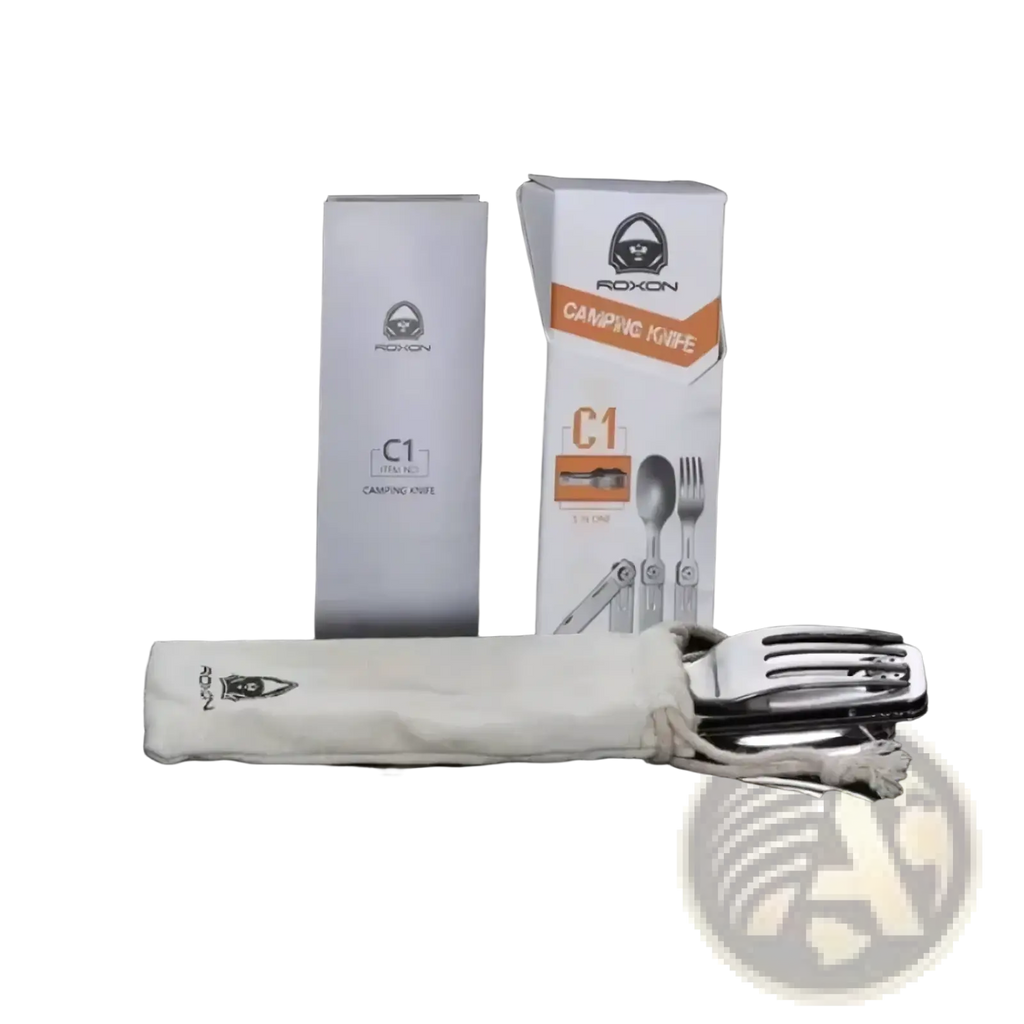 Stainless steel Roxon c1 titanium camping knife set with foldable spoon and fork in white fabric pouch
