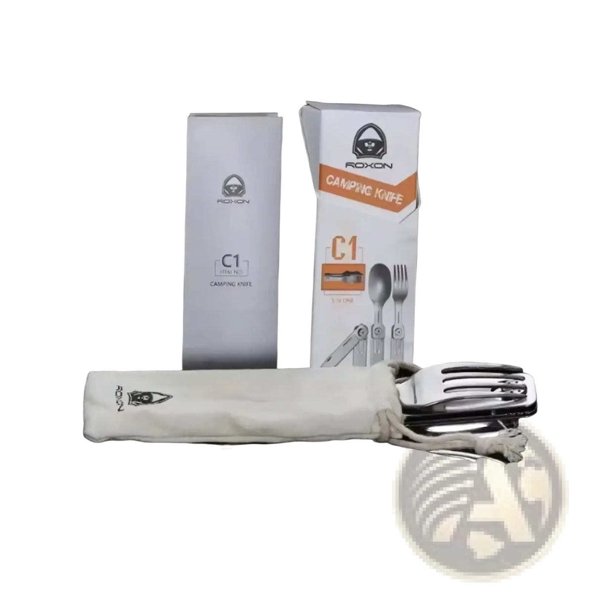 Stainless steel Roxon c1 titanium camping knife set with foldable spoon and fork in white fabric pouch